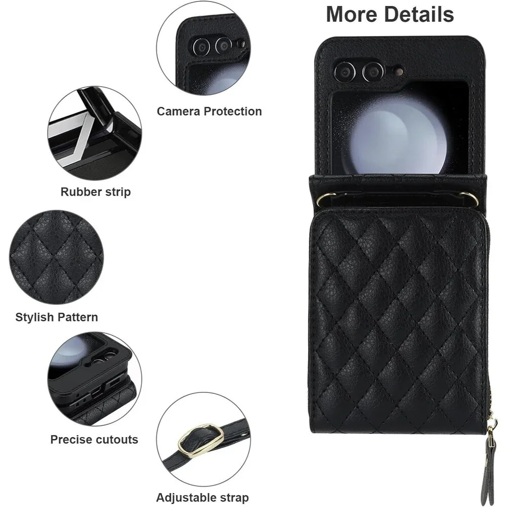 Samsung Galaxy Z Flip 5 Wallet Case, Crossbody Zipper Purse - Black